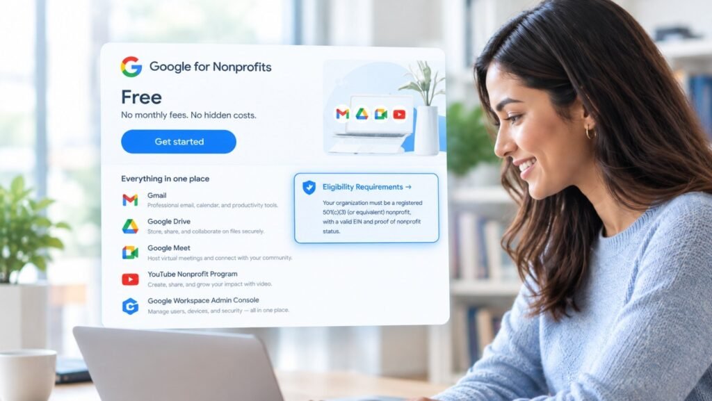 Google for Nonprofits interface showing free Google Workspace tools, nonprofit benefits, and highlighted eligibility requirements, viewed by a woman in a modern workspace.