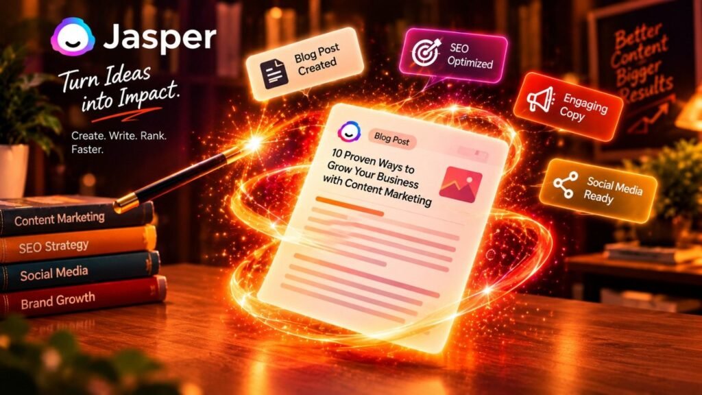 Jasper AI creating a blog post with a magic wand and glowing content document