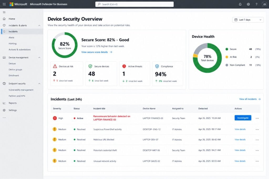 Microsoft Defender for Business security dashboard showing an 82% secure score, device health metrics, security incidents, and a high-severity ransomware alert detected on a finance laptop.