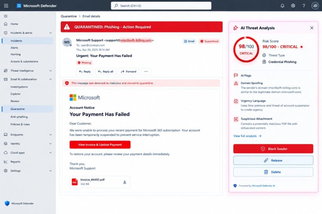 Microsoft Defender-style phishing email quarantine dashboard showing a critical AI threat analysis with a 98 out of 100 risk score, domain spoofing warnings, a suspicious PDF attachment, and options to block the sender, release, or delete the email.