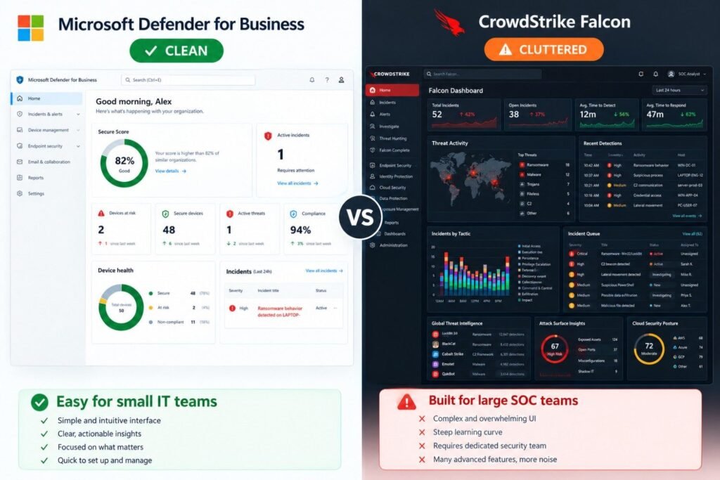 Side-by-side comparison of Microsoft Defender for Business vs CrowdStrike Falcon dashboards, highlighting an 82% secure score, simplified security monitoring for small IT teams, and advanced threat detection tools for enterprise security operations centers. Copy alt text