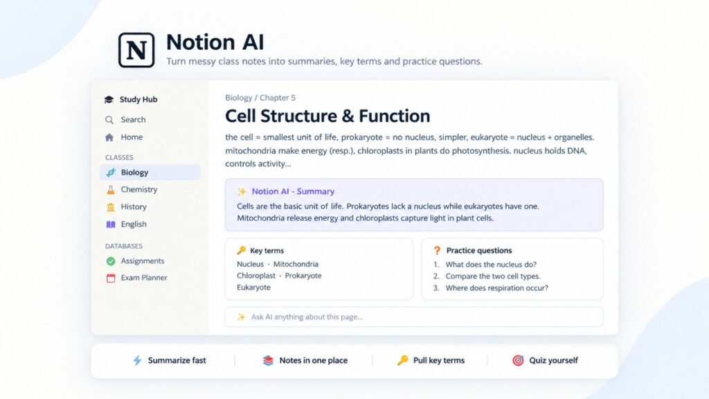 Notion AI summarizing biology class notes with key terms and practice questions in a study hub