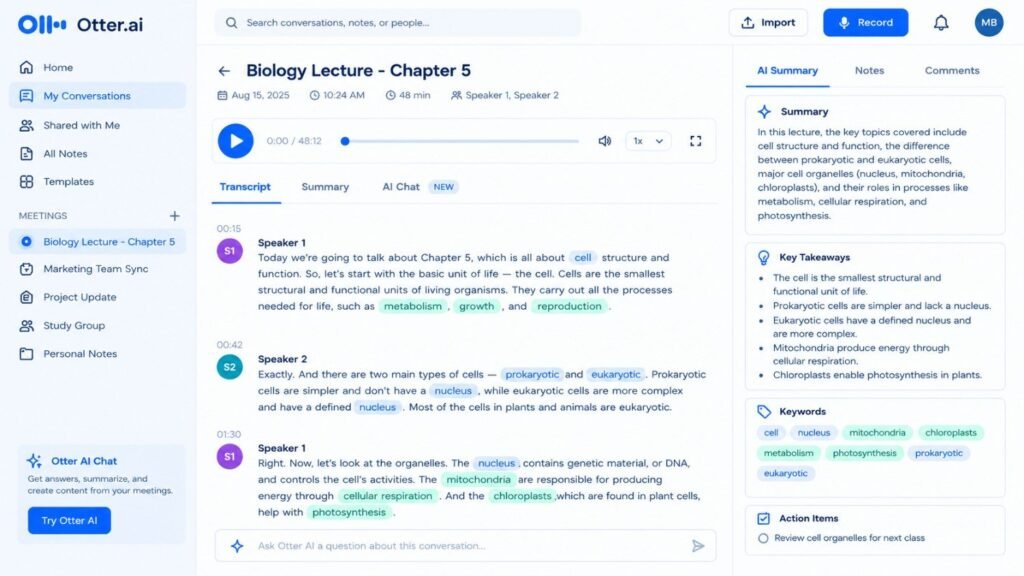 Otter.ai biology lecture transcript with speaker labels, AI summary, key takeaways and keywords
