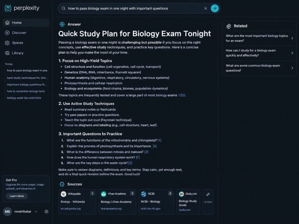 Perplexity AI answering a biology exam study question with numbered sources from Khan Academy and NCBI