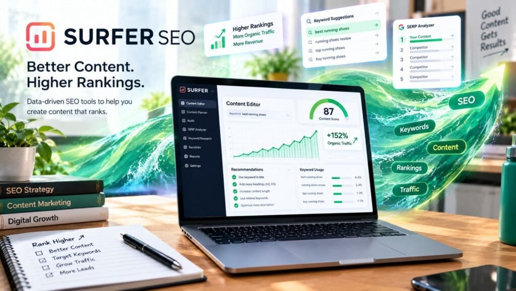SurferSEO dashboard showing SEO rankings, keyword research, content optimization, and organic traffic growth