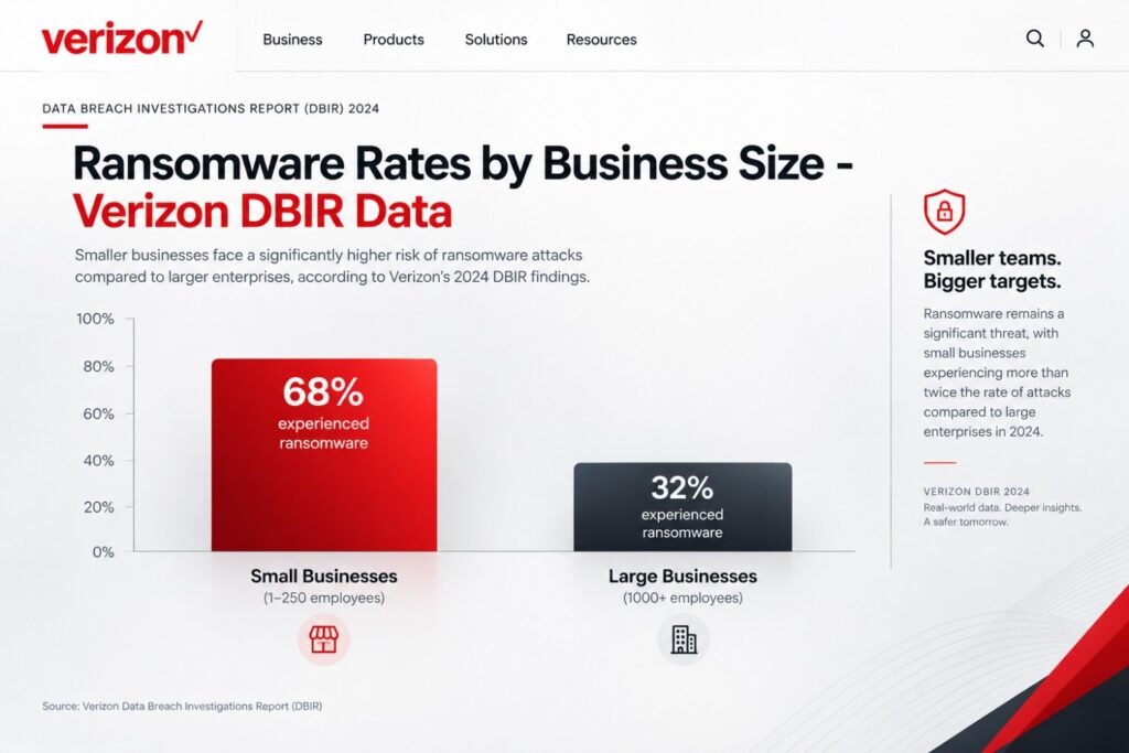 erizon DBIR 2024 infographic comparing ransomware rates by business size, showing 68% for small businesses with 1–250 employees and 32% for large businesses with 1,000 or more employees. Copy alt text