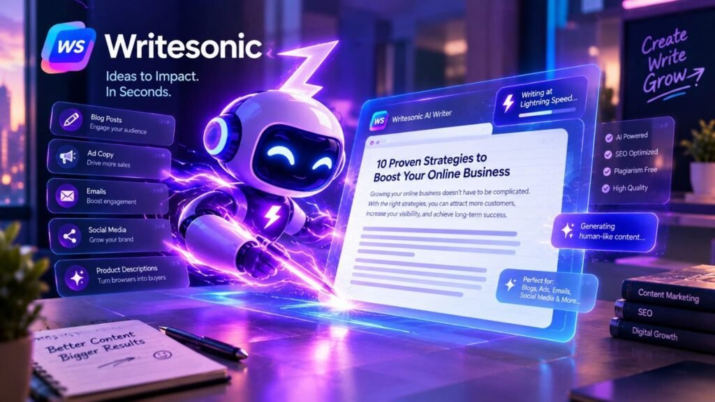 Writesonic AI writer generating an article on a futuristic holographic screen