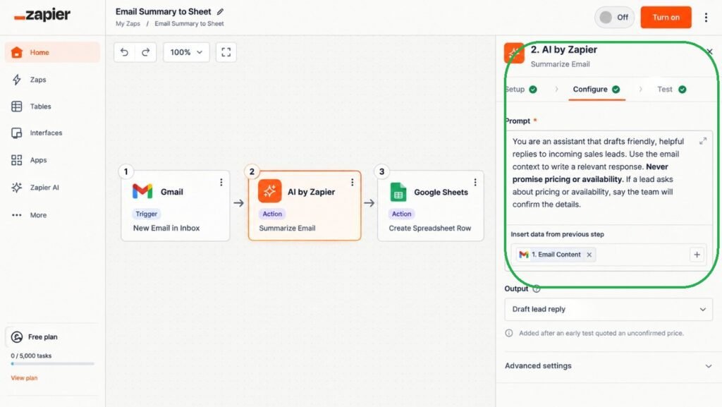 Zapier automation dashboard showing the AI by Zapier step selected, with a prompt editor for drafting friendly sales lead replies, Gmail email content mapped as input, a “Draft lead reply” output setting, and a note reminding users to avoid unconfirmed pricing or availability promises.